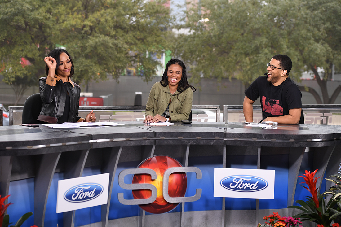 Houston, TX - February 3, 2017 - Downtown: Cari Champion, Jemele Hill and Michael Smith on the set of SportsCenter at the 2017 Super Bowl(Photo by Ben Solomon / ESPN Images)