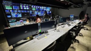 Custom Consoles MediaWall plus front and rear Module-R desks recently completed for production control suite at CNBC Europe.