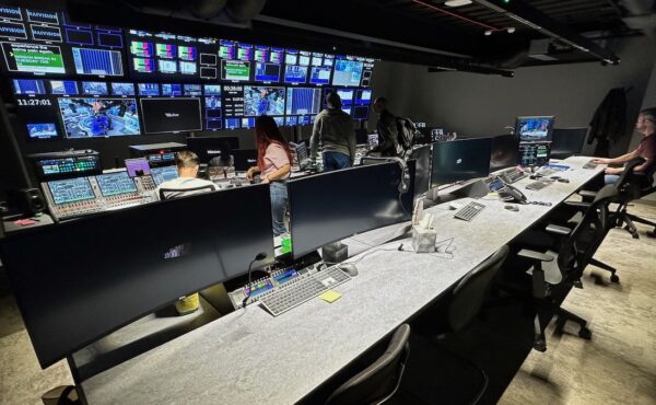 Custom Consoles MediaWall plus front and rear Module-R desks recently completed for production control suite at CNBC Europe.